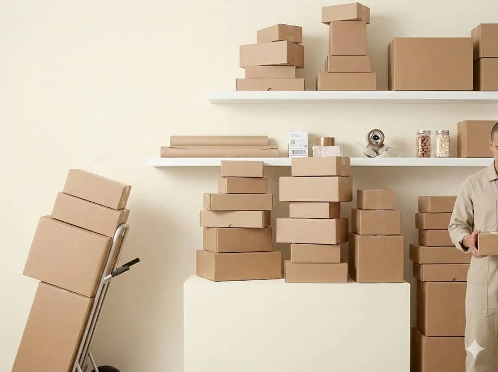 Stacked shipping packages ready for delivery